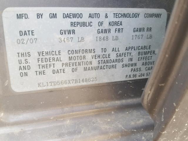 KL1TD566X7B148625 - 2007 CHEVROLET AVEO BASE Күміс фото 10