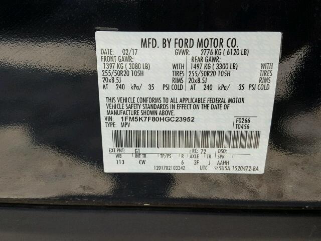 1FM5K7F80HGC23952 - 2017 FORD EXPLORER L 黑色 照片 10