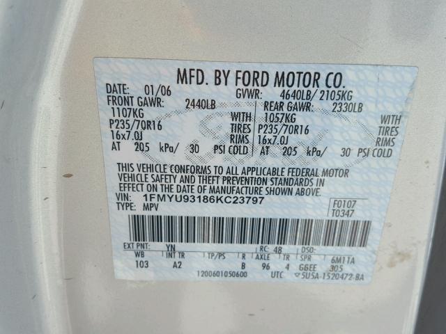 1FMYU93186KC23797 - 2006 FORD ESCAPE SILVER photo 10