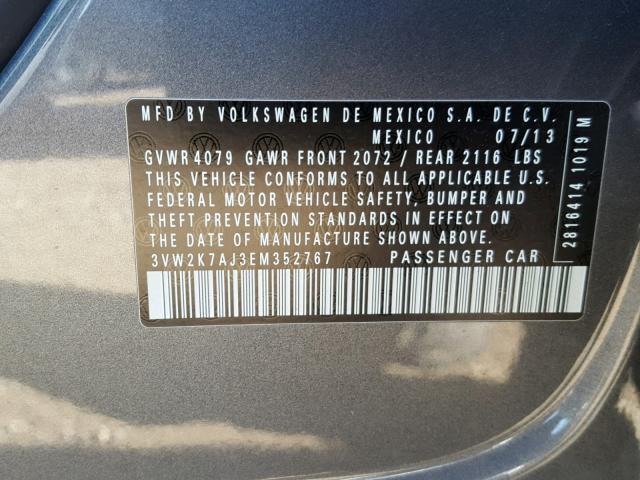 3VW2K7AJ3EM352767 - 2014 VOLKSWAGEN JETTA BASE Մոխրագույն լուսանկար 10