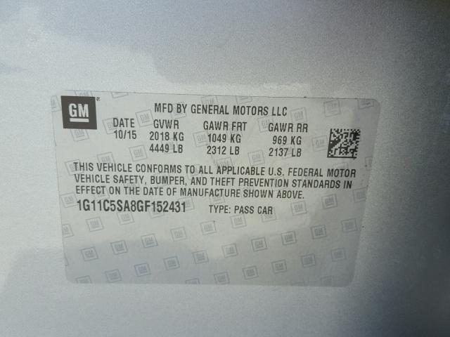 1G11C5SA8GF152431 - 2016 CHEVROLET MALIBU LIM 银色 照片 10