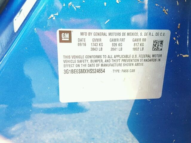 3G1BE6SMXHS524654 - 2017 CHEVROLET CRUZE LT BLUE photo 10