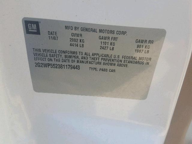 2G2WP552381179443 - 2008 PONTIAC GRAND PRIX WHITE photo 10