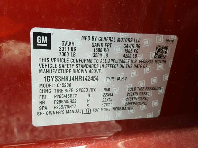 1GYS3HKJ4HR142454 - 2017 CADILLAC ESCALADE E RED photo 10