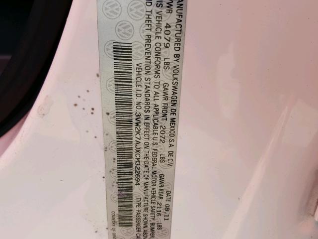 3VW2K7AJXCM322694 - 2012 VOLKSWAGEN JETTA BASE 白色 照片 10