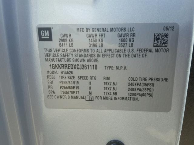 1GKKRREDXCJ361110 - 2012 GMC ACADIA SLT 银色 照片 10