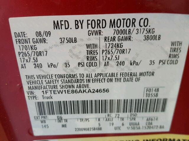 1FTEW1E86AKA24656 - 2010 FORD F150 SUPER RED photo 10