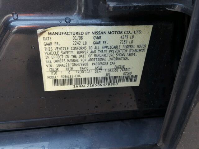 1N4AL21E58N479800 - 2008 NISSAN ALTIMA 2.5 CHARCOAL photo 10