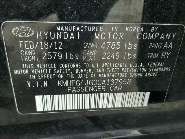 KMHFG4JG0CA137958 - 2012 HYUNDAI AZERA GLS BLACK photo 10