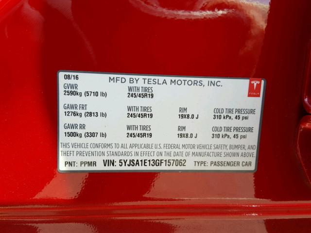 5YJSA1E13GF157062 - 2016 TESLA MODEL S RED photo 10
