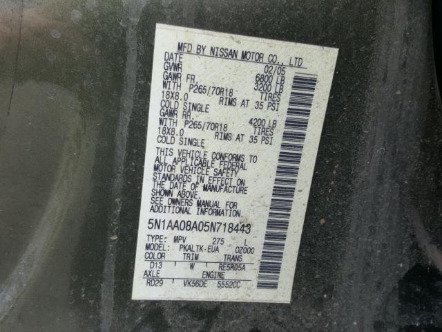 5N1AA08A05N718443 - 2005 NISSAN ARMADA SE GREEN photo 10