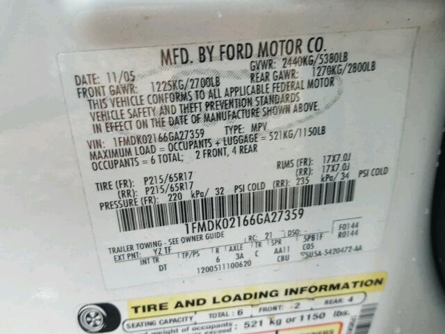 1FMDK02166GA27359 - 2006 FORD FREESTYLE WHITE photo 10