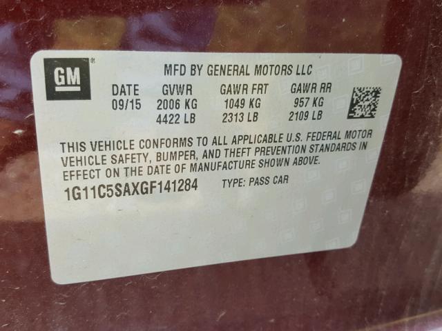 1G11C5SAXGF141284 - 2016 CHEVROLET MALIBU LIM 红色 照片 10