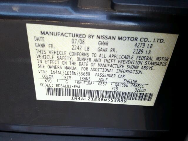 1N4AL21E38N555689 - 2008 NISSAN ALTIMA GRAY photo 10