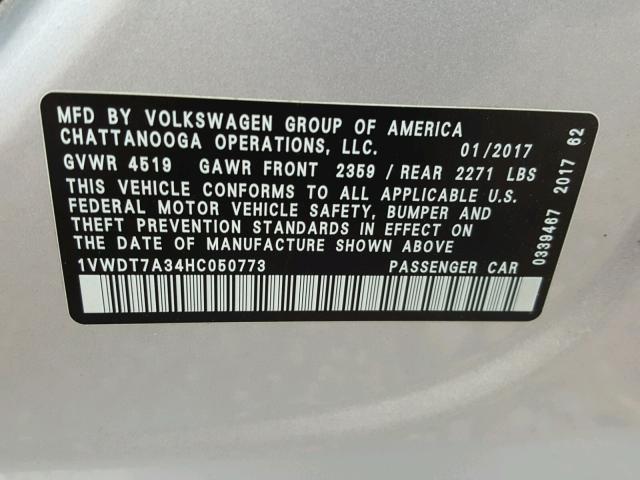 1VWDT7A34HC050773 - 2017 VOLKSWAGEN PASSAT R-L SILVER photo 10