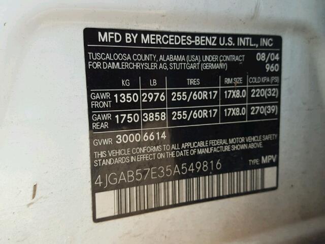 4JGAB57E35A549816 - 2005 MERCEDES-BENZ ML WHITE photo 10