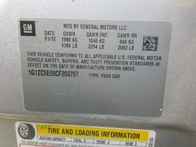 1G1ZC5E09CF260797 - 2012 CHEVROLET MALIBU 1LT 银色 照片 10