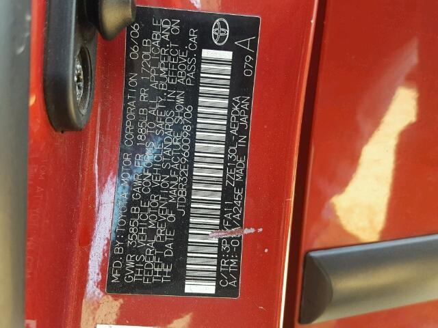 JTDBR32E960098706 - 2006 TOYOTA COROLLA RED photo 10