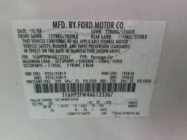 1FAHP2FW4AG123367 - 2010 FORD TAURUS LIM WHITE photo 10