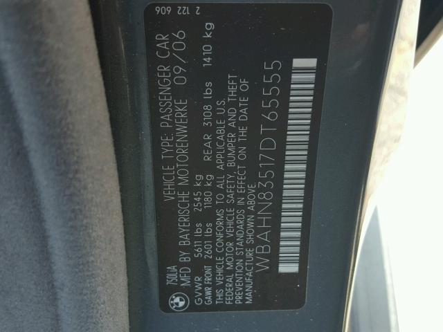 WBAHN83517DT65555 - 2007 BMW 750 GRAY photo 10