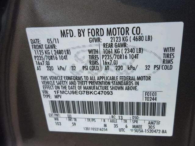 1FMCU9EG7BKC47093 - 2011 FORD ESCAPE LIM GRAY photo 10