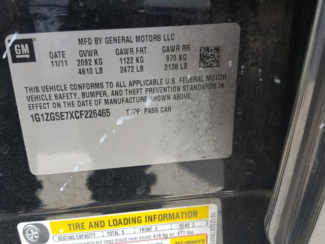 1G1ZG5E7XCF226465 - 2012 CHEVROLET MALIBU LTZ 黑色 照片 10