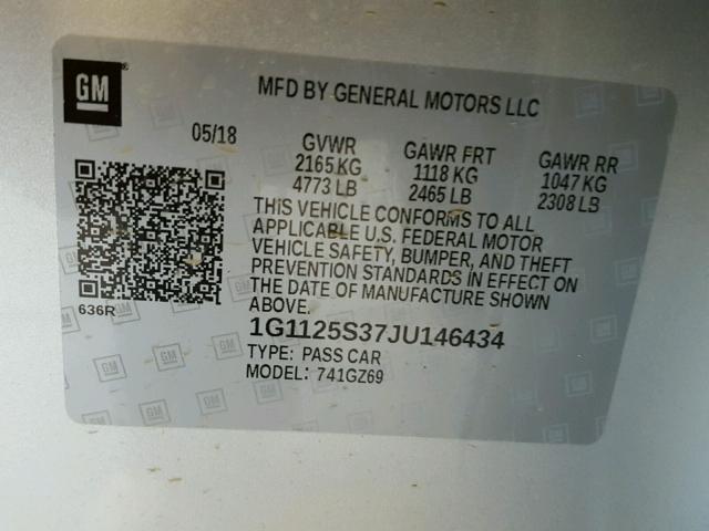 1G1125S37JU146434 - 2018 CHEVROLET IMPALA PRE ვერცხლისფერი ფოტო 10