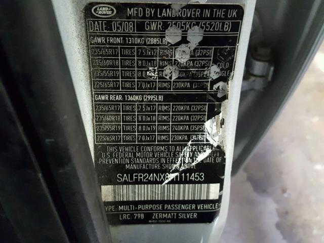 SALFR24NX8H111453 - 2008 LAND ROVER LR2 HSE GRAY photo 10