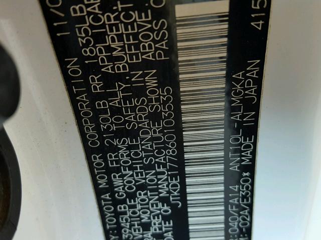 JTKDE177860103535 - 2006 TOYOTA SCION TC 白色 照片 10