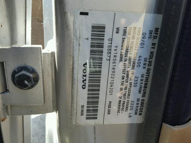 YV1RS61R922104201 - 2002 VOLVO S60 Plata foto 10