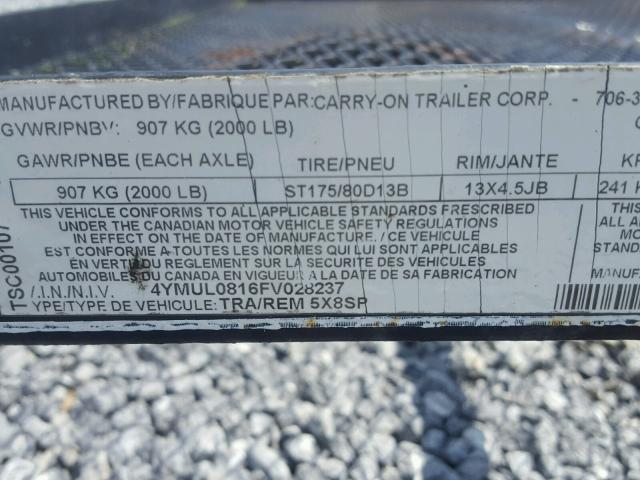 4YMUL0816FV028237 - 2015 CARGO TRAILER BLACK photo 10