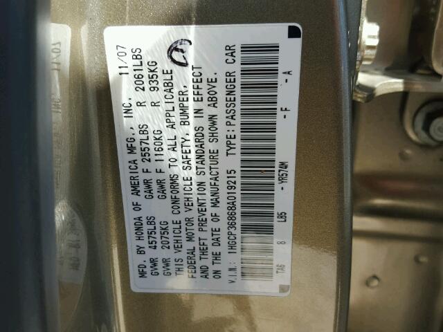 1HGCP36868A019215 - 2008 HONDA ACCORD EXL GOLD photo 10