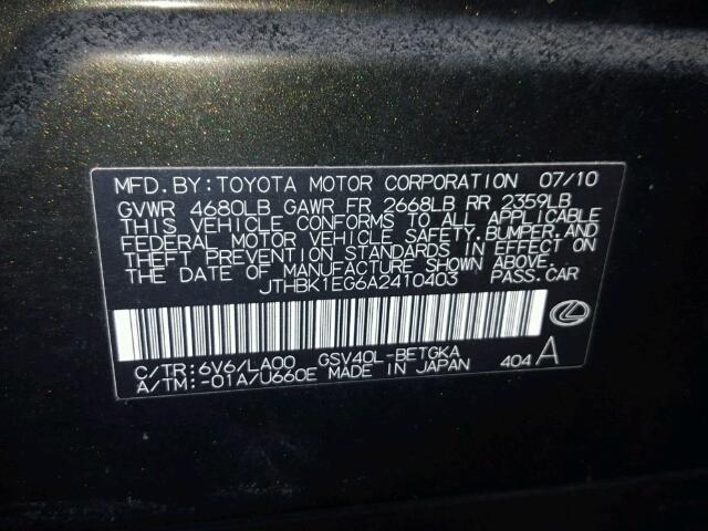 JTHBK1EG6A2410403 - 2010 LEXUS ES BLACK photo 10