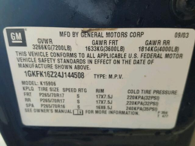 1GKFK16Z24J144508 - 2004 GMC YUKON XL BLUE photo 10