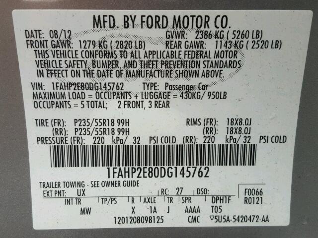 1FAHP2E80DG145762 - 2013 FORD TAURUS SILVER photo 10