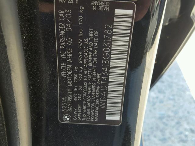 WBADT43413G031782 - 2003 BMW 525 I AUTO BLACK photo 10