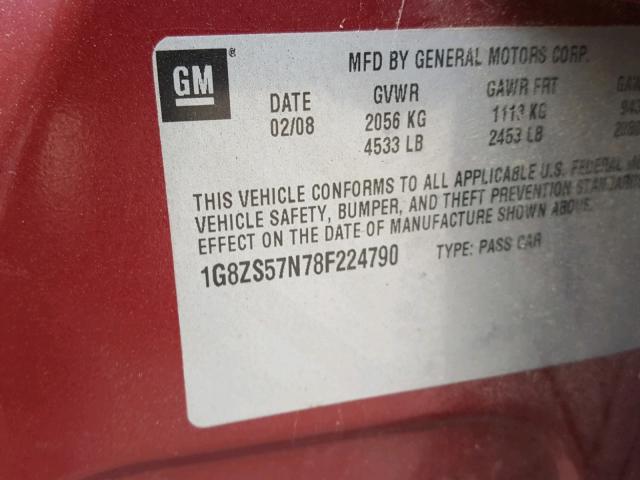 1G8ZS57N78F224790 - 2008 SATURN AURA XE RED photo 10