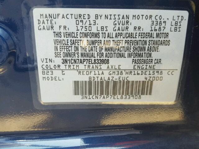 3N1CN7AP7EL833908 - 2014 NISSAN VERSA S BLUE photo 10