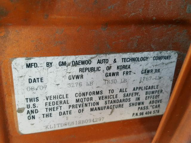 KL1TD66618B094297 - 2008 CHEVROLET AVEO BASE Narıncı foto 10