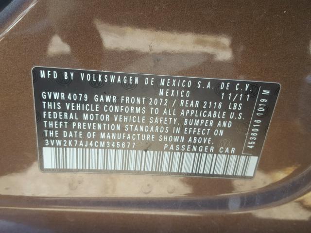 3VW2K7AJ4CM345677 - 2012 VOLKSWAGEN JETTA BASE Շագանակագույն լուսանկար 10