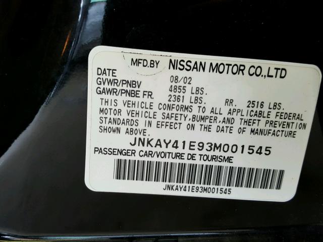 JNKAY41E93M001545 - 2003 INFINITI M45 BLACK photo 10