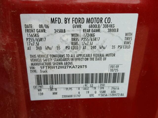 1FTRW12W27KA72975 - 2007 FORD F150 SUPER RED photo 10