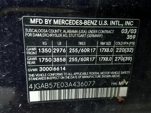 4JGAB57E03A436077 - 2003 MERCEDES-BENZ ML 350 BLACK photo 10