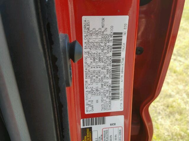 3TMJU62N07M037061 - 2007 TOYOTA TACOMA RED photo 10