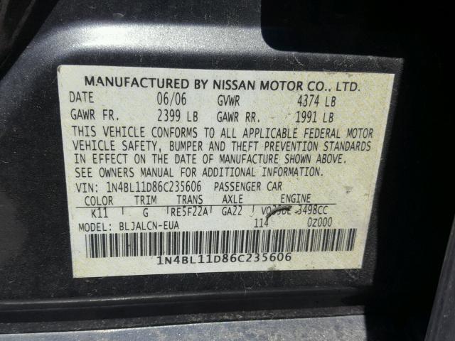 1N4BL11D86C235606 - 2006 NISSAN ALTIMA SE GRAY photo 10