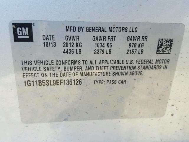 1G11B5SL9EF136126 - 2014 CHEVROLET MALIBU LS 银色 照片 10