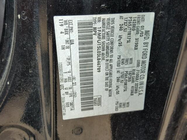 1FMFU15L03LB46789 - 2003 FORD EXPEDITION BLACK photo 10