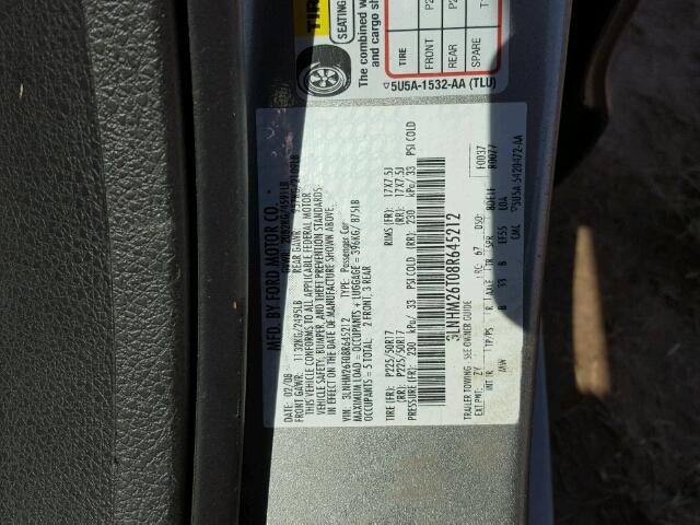 3LNHM26T08R645212 - 2008 LINCOLN MKZ GRAY photo 10