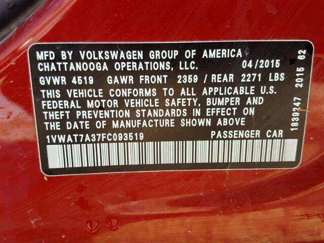 1VWAT7A37FC093519 - 2015 VOLKSWAGEN PASSAT S Կարմիր լուսանկար 10