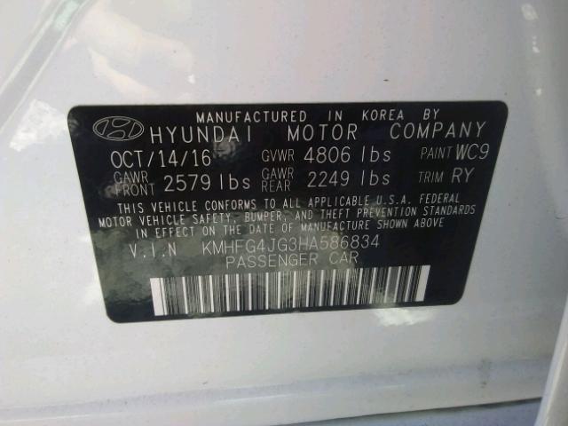 KMHFG4JG3HA586834 - 2017 HYUNDAI AZERA WHITE photo 10